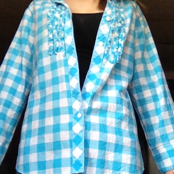 Foxcroft baby blue ruffle button up