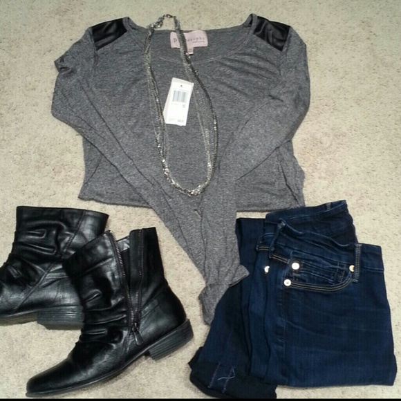 Philosophy gray tee faux leather shoulder detail