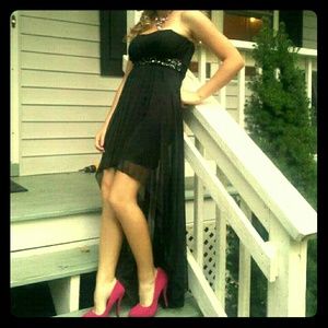 Short black strapless homecoming/prom dress