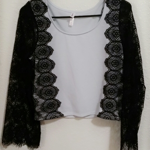 Long Sleeve Lace Inset Top Pastel Blue - Xhilarati