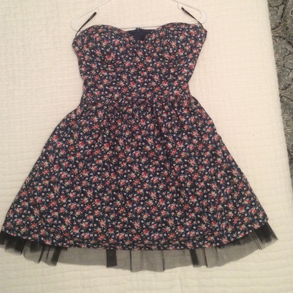 Navy blue and red floral strapless dress