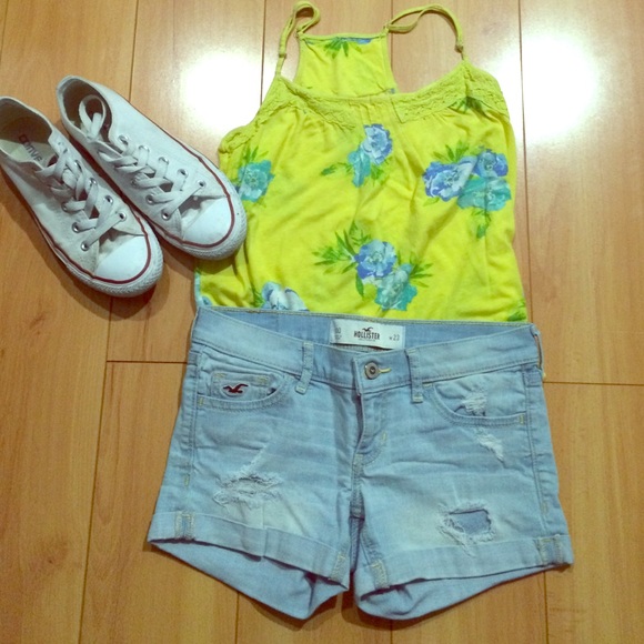 Yellow floral tank top with blue pastel flowers