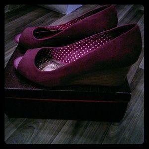 Peep toe suede wedges