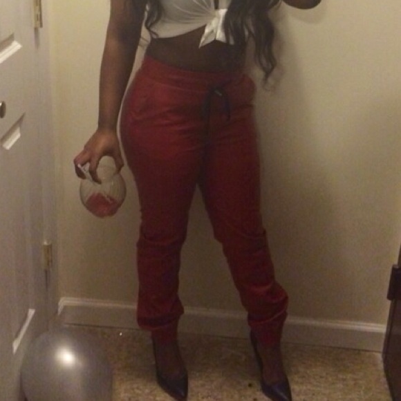 Red leather joggers