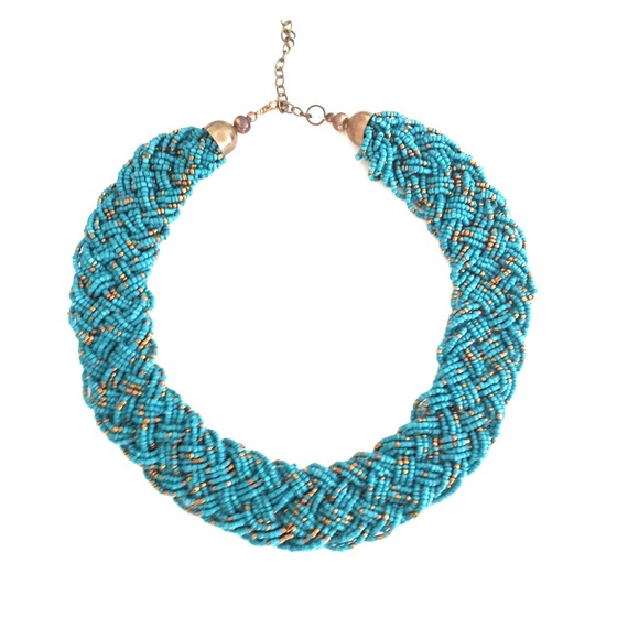 brown and teal, 4 strand braided necklace