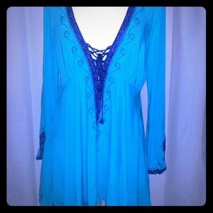 Modal International Medium Teal Embroidered Blouse