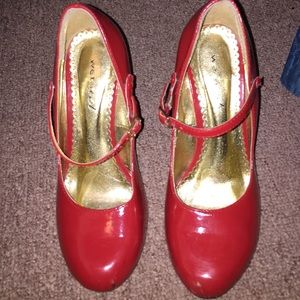 Red leather strap pumps