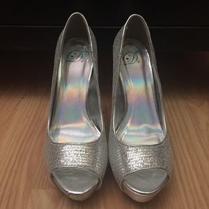 Silver peep toe heels