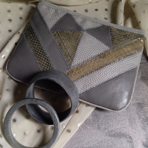 Vintage Retro 80’s Snakeskin leather clutch - Gray - Picture 5 of 6