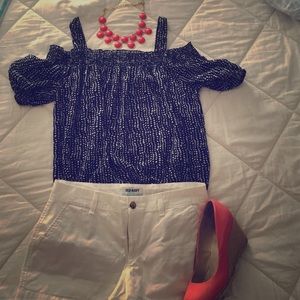 Navy and white polka dot top