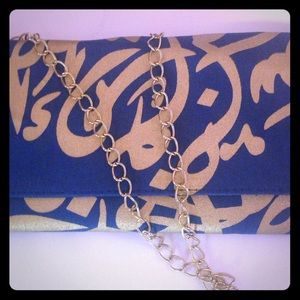 Arabic calligraphy clutch, blue & gold w/chain