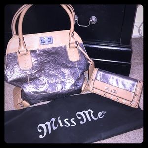 Silver Miss Me purse with storage bag and wallet