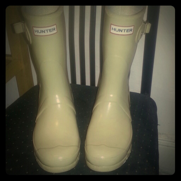 Cream colored Hunter rain boots