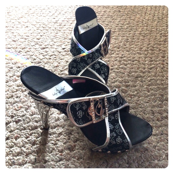 Black and silver open toe platform heels