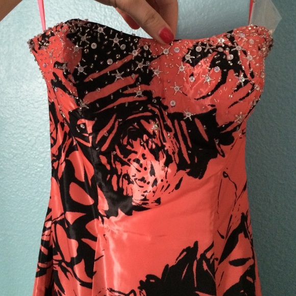 Salmon and black patterned prom dress with lace up