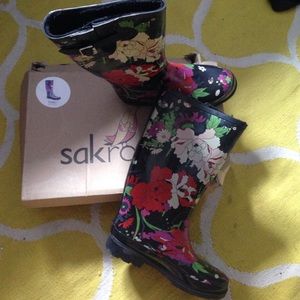 Rain Boots black base with colored flowers