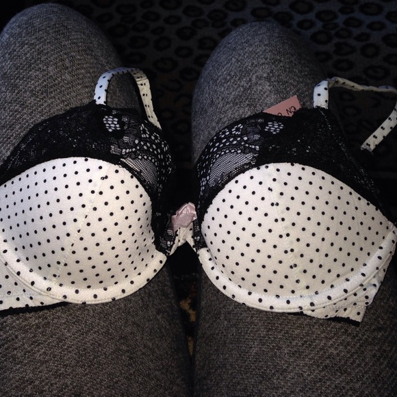 Polka dot and black laced trimmed bra