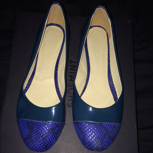 Patent Leather Navy Flats with Snakeskin details
