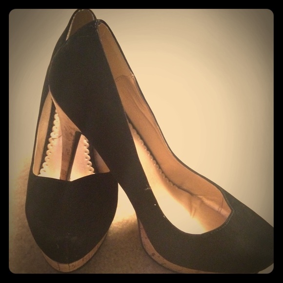 Black and cork platform heels