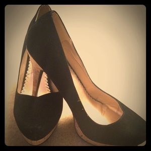 Black and cork platform heels