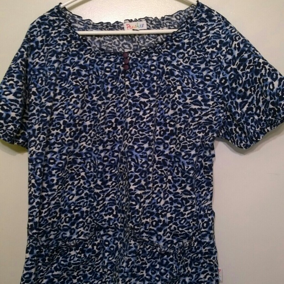 Blue & White Leopard Print Scrub Top