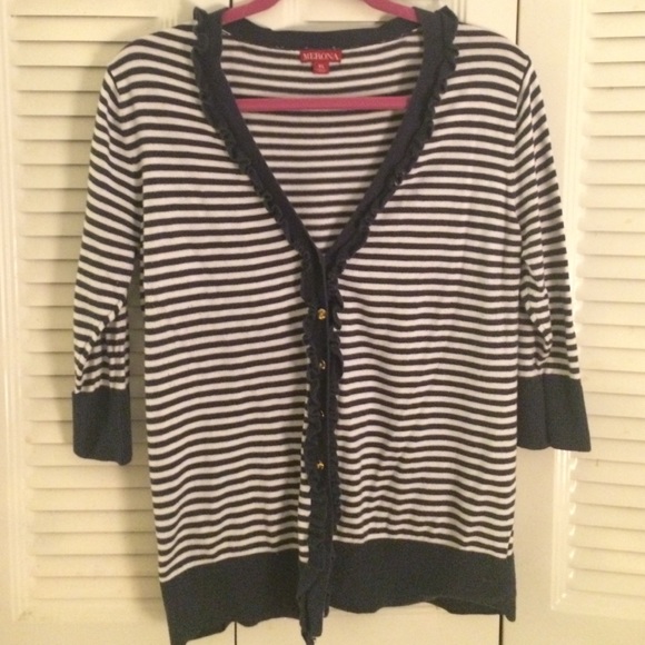 Navy and white striped cardigan.