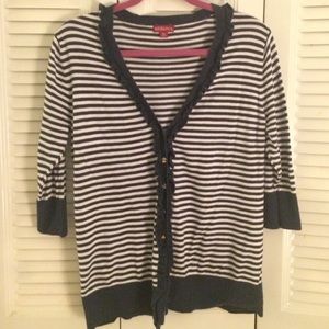 Navy and white striped cardigan.