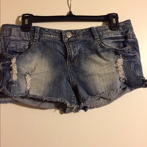 Distressed denim shorts