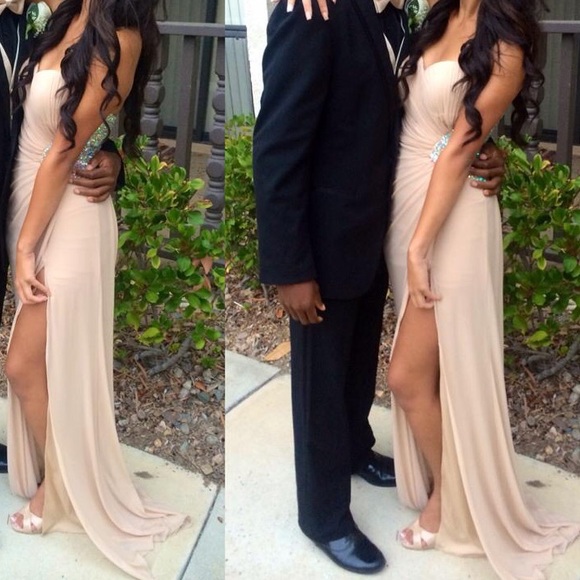 Champagne prom dress w/ slit - Picture 2 of 4