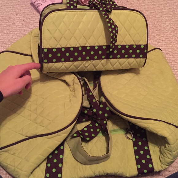 Green Brown polka dot duffle bag set