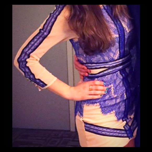Blue lace and leather dress