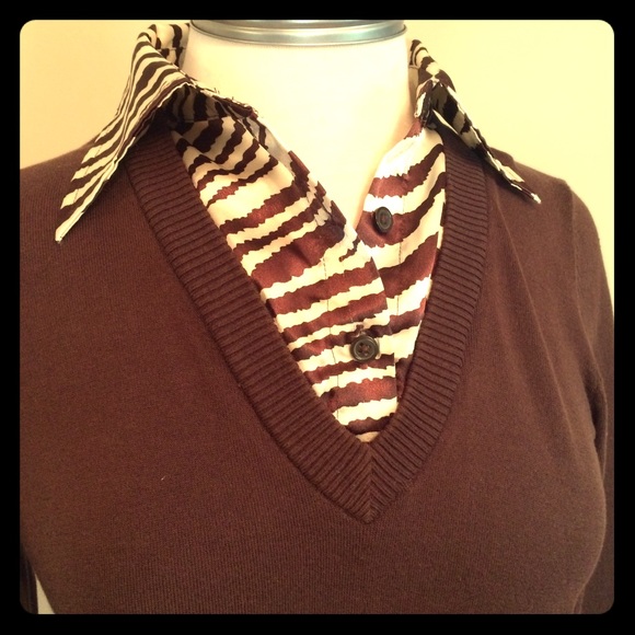 Brown sweater with attached zebra print button up
