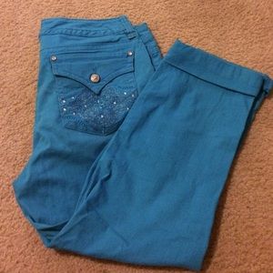 Bright blue denim capris.