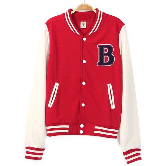 Red and white varsity jacket