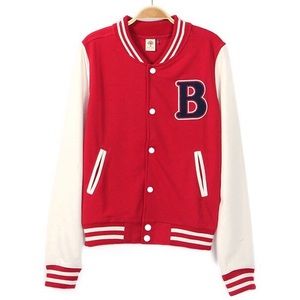 Red and white varsity jacket