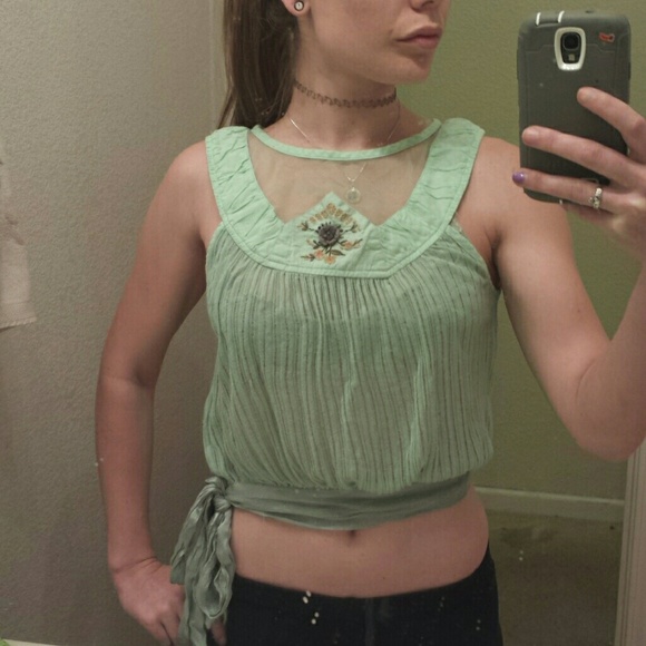 Vintage Turquoise Mesh Embroidered Blouse