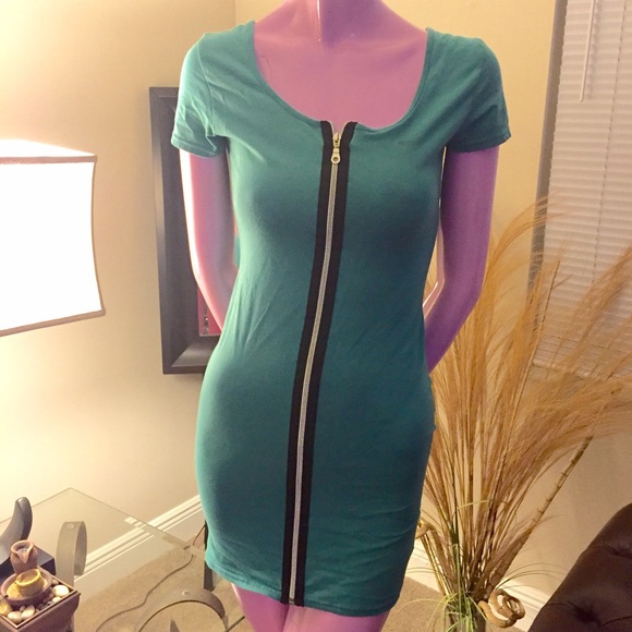 Teal Zipper Front Body Con Mini Club Wear Dress