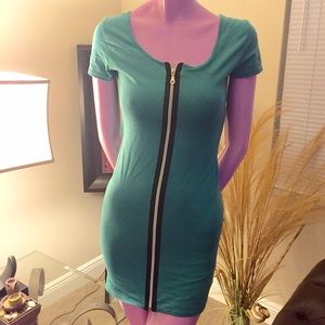 Teal Zipper Front Body Con Mini Club Wear Dress