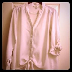 White flowy front tie button down tunic