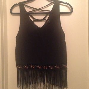 Black tank with fringe on bottom