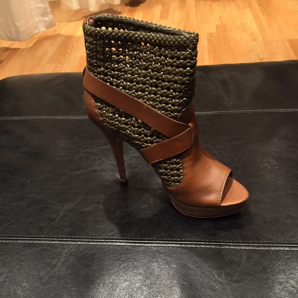 Olive green and camel cage heels