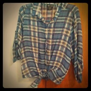 Sheer plaid top with tie in front