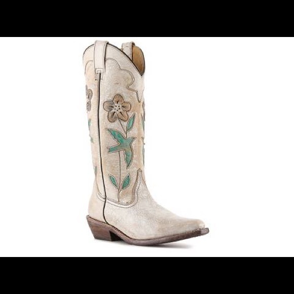 Bed Stu ivory distressed leather floral boots