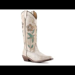 Bed Stu ivory distressed leather floral boots