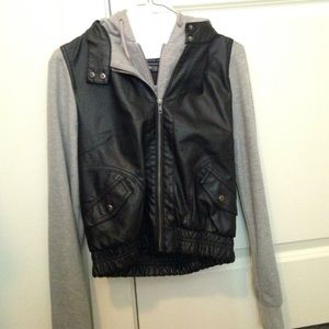 Black leather jacket with grey knit