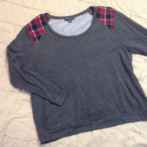 Forever 21 sweater with plaid shoulder design