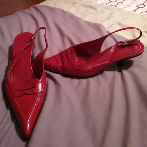 Maroon Leather Prada slingback kitten heel shoes