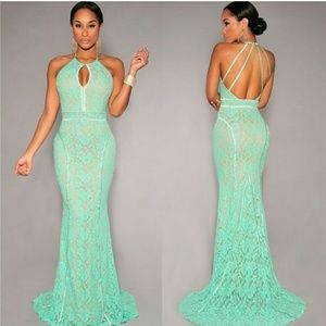 Mint Nude Illusion Lace Gown Dress