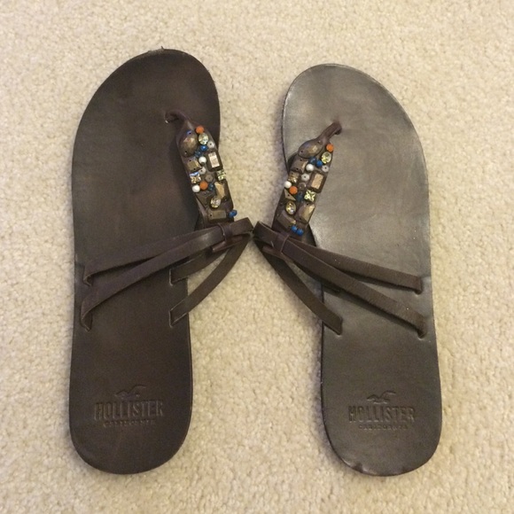 Beaded Hollister leather flip flops