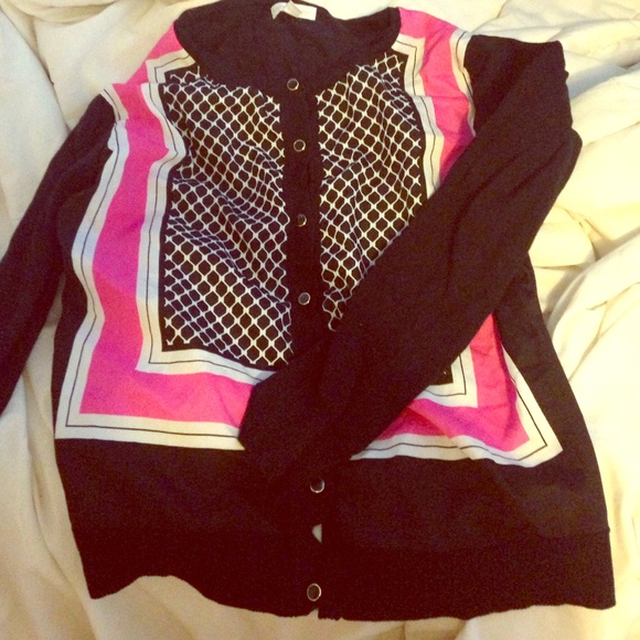 New York & Co. Button-up Black Patterned Cardigan